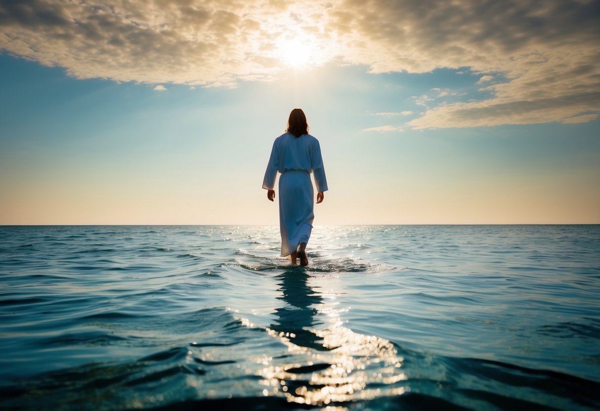 Jesus walks on water, with calm waves beneath his feet and a radiant sky above