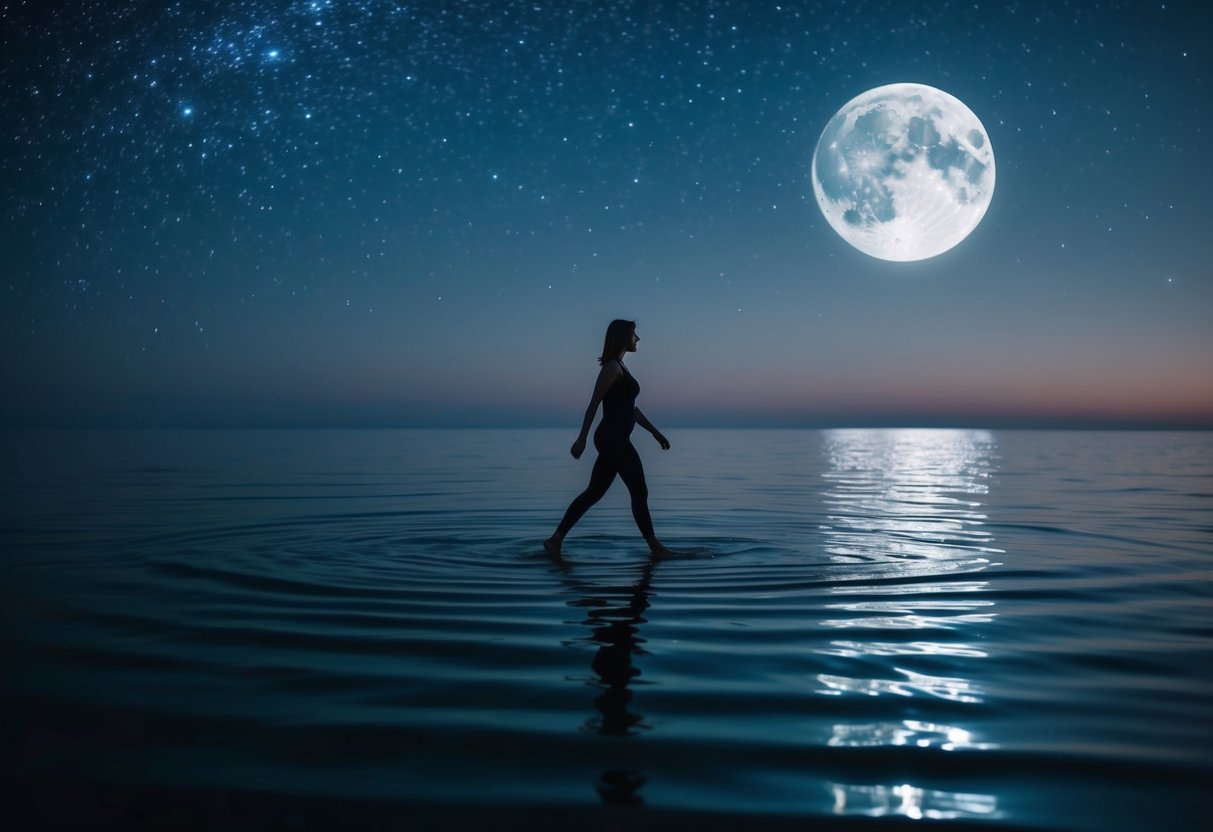 A calm, moonlit sea with gentle ripples, reflecting the starry night sky as a figure walks gracefully across the water's surface