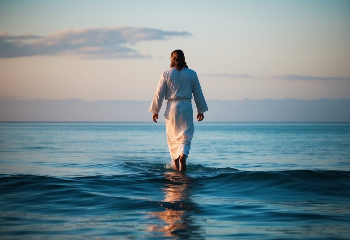 Jesus walking on water, with calm waves and a serene sky above