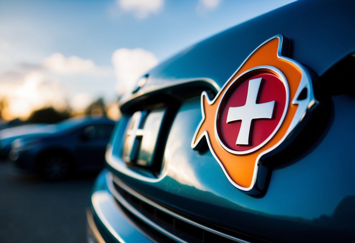 A Jesus fish emblem on a car bumper, with a cross inside, symbolizing Christian faith