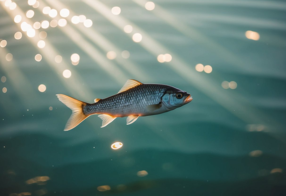 A simple fish swimming in calm waters, surrounded by rays of light