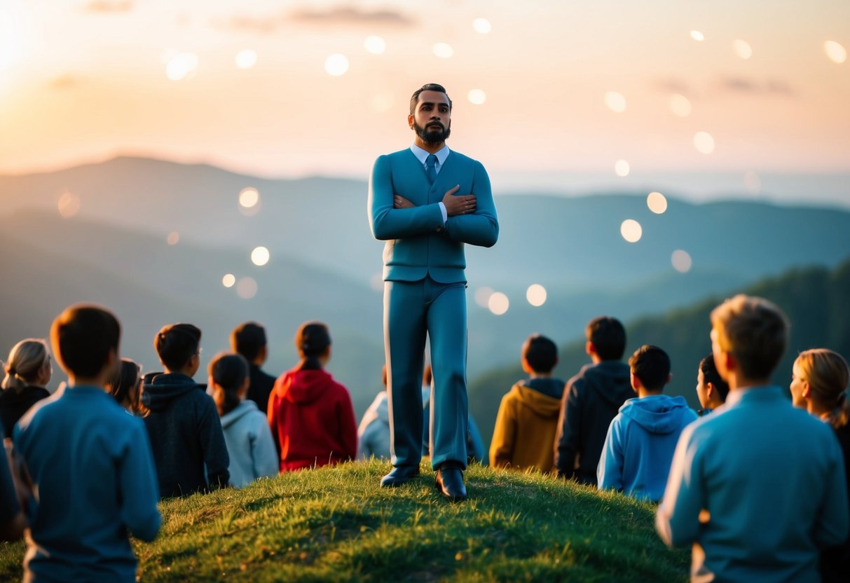 A figure standing on a hill, surrounded by people, with a compassionate expression on his face