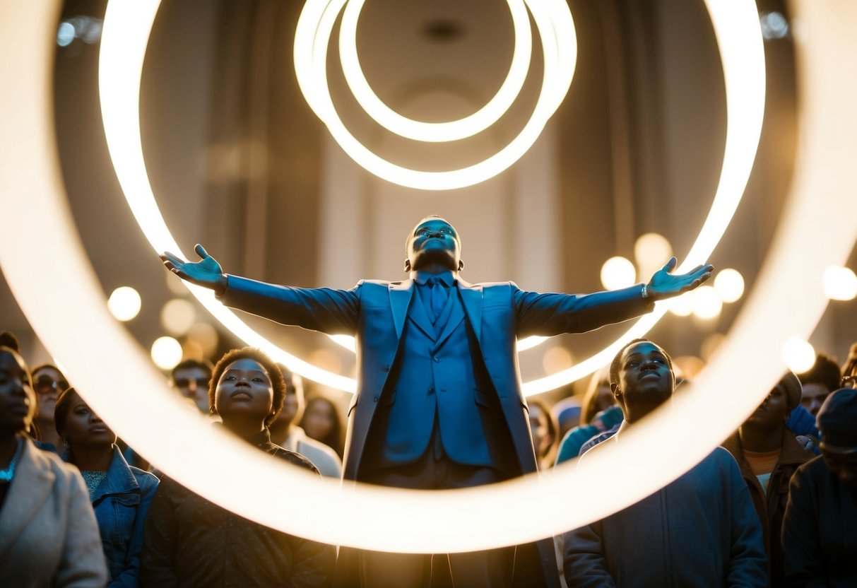 A figure surrounded by light, standing with arms outstretched, looking down at a crowd of people