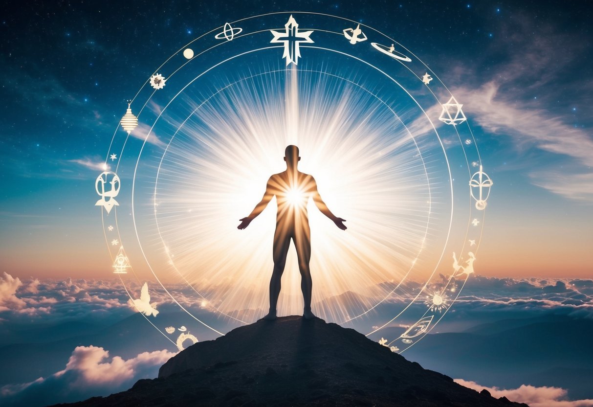 A figure standing amidst a celestial landscape, radiating light and surrounded by symbols of divinity and eternity