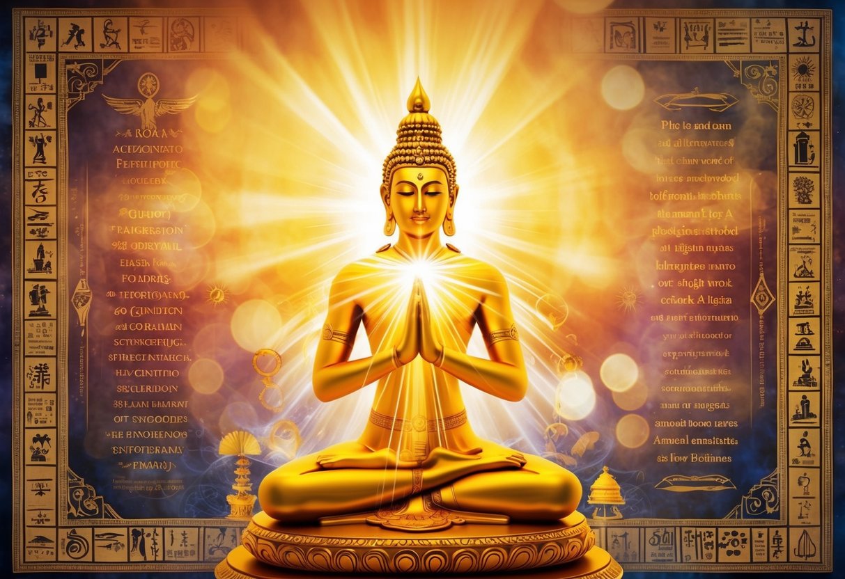 A radiant figure emanating light and wisdom, surrounded by ancient scriptures and symbols