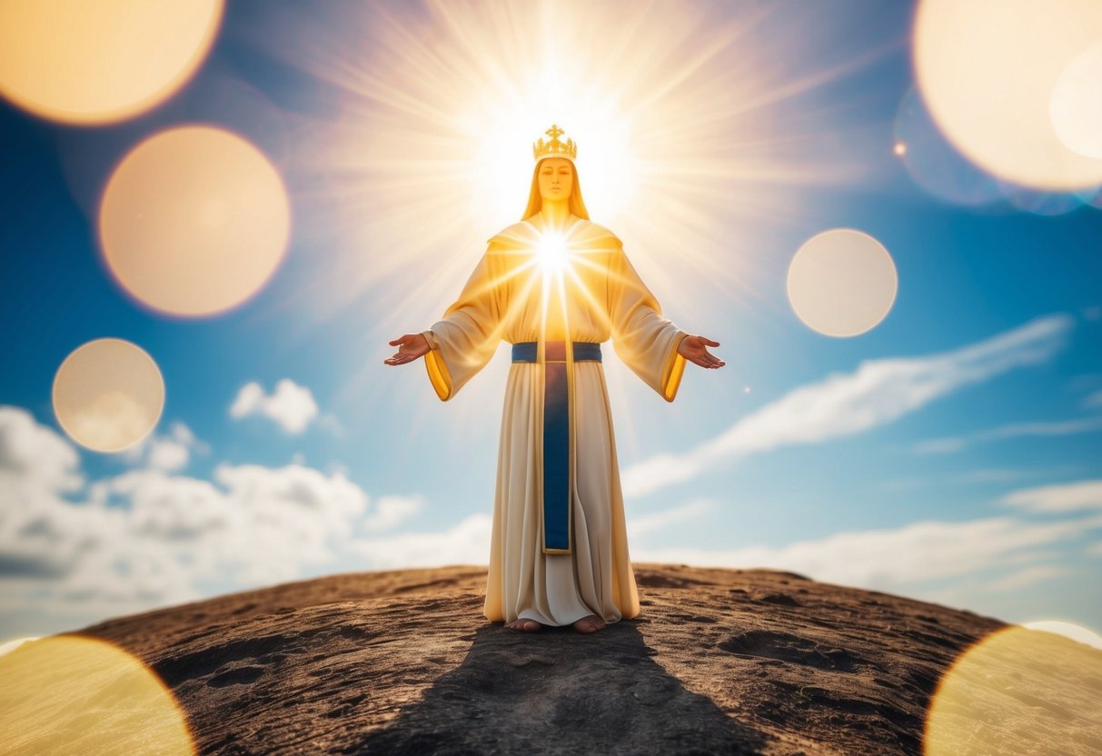 A radiant figure stands at the intersection of heaven and earth, embodying both divinity and humanity