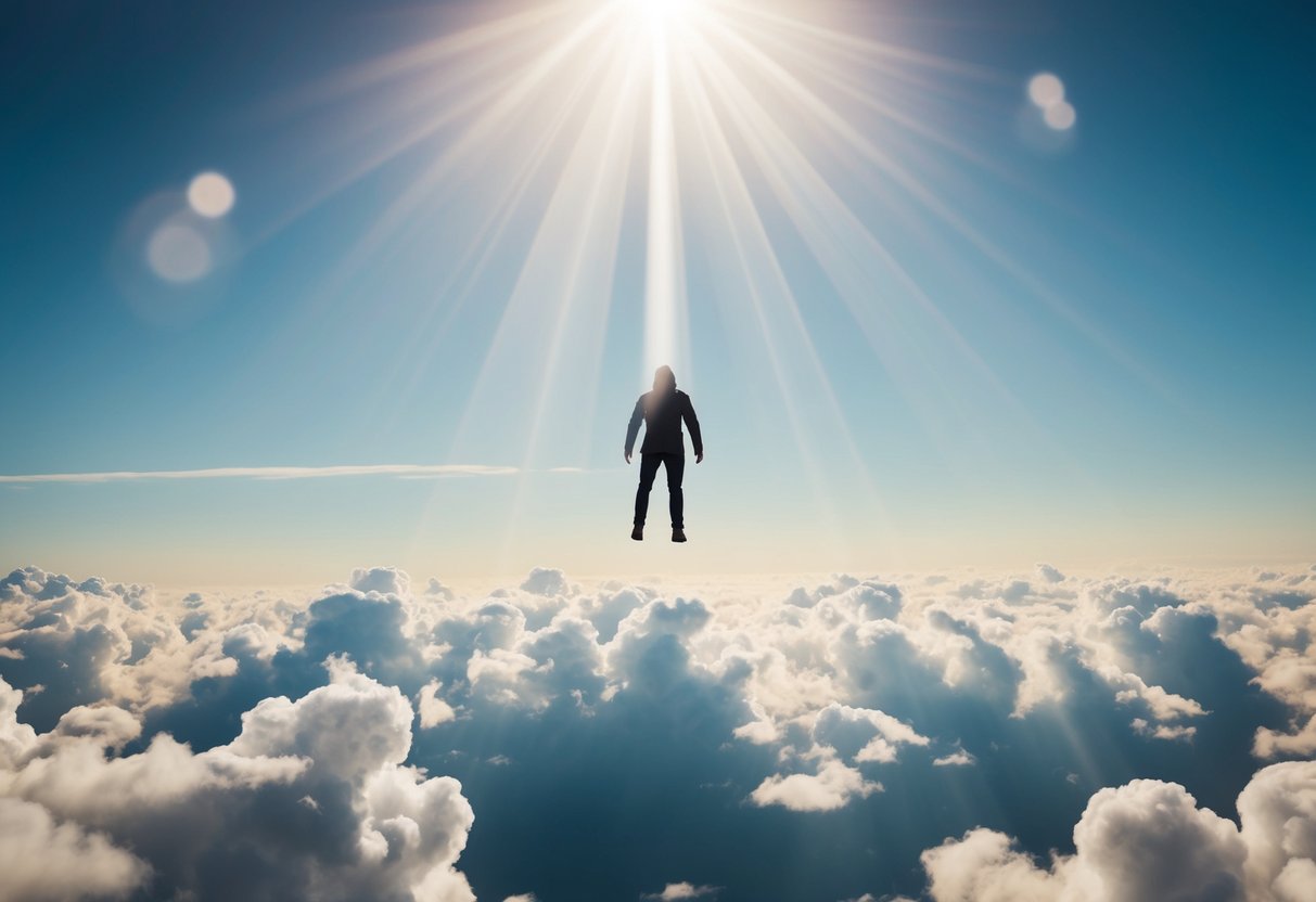 A figure is shown ascending into the clouds, while beams of light shine down from above