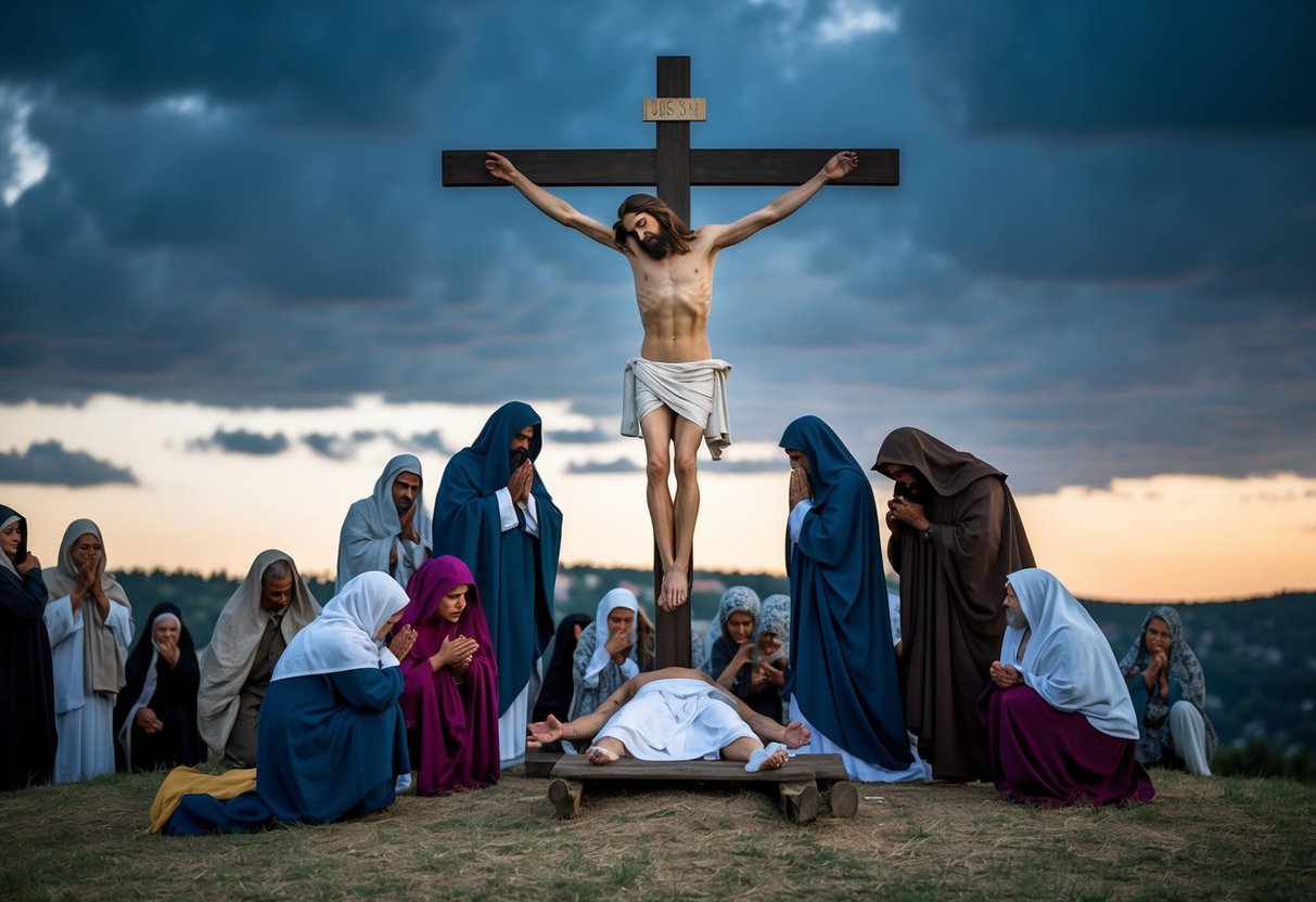Jesus' crucifixion on a hill, his body pierced by a spear, surrounded by grieving followers and a darkened sky