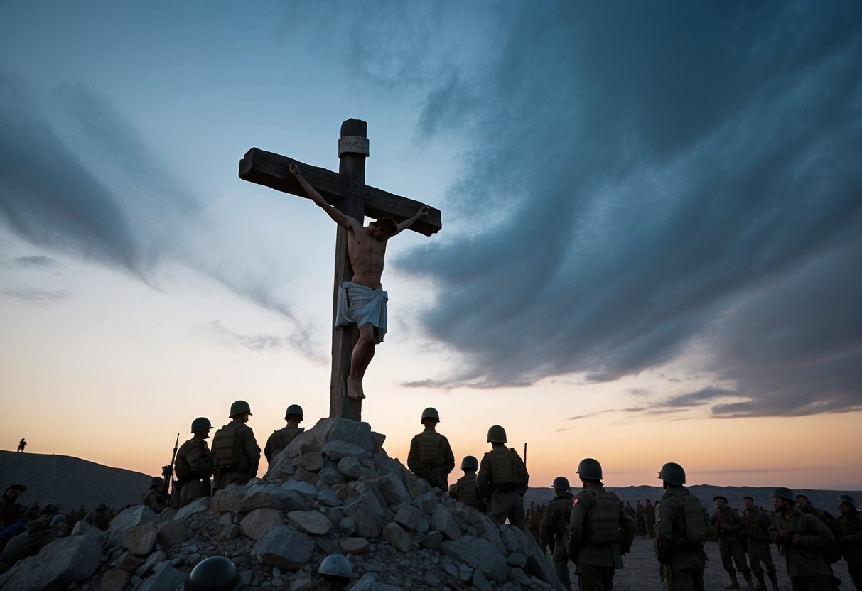 A lone figure on a rugged cross, surrounded by onlookers and soldiers. The sky darkens as the earth trembles