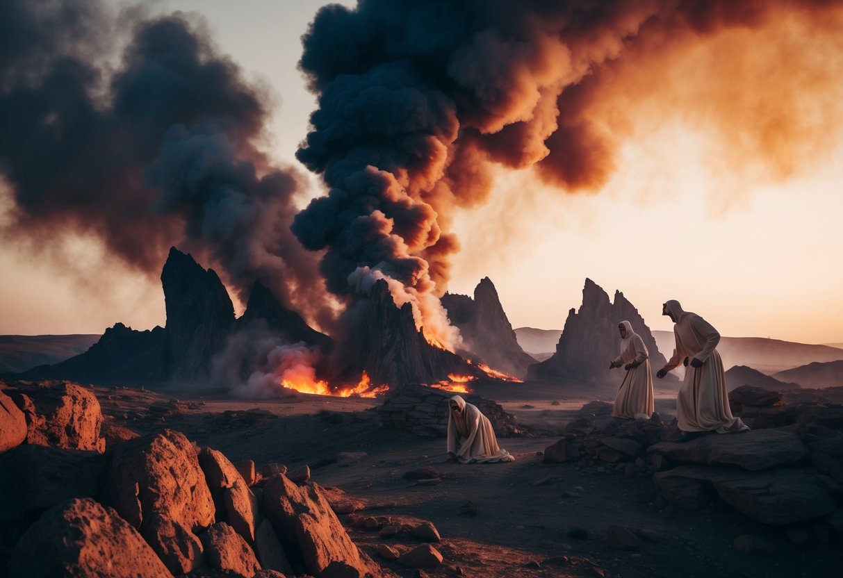 A fiery landscape with jagged rocks and billowing smoke, surrounded by wailing figures in torment