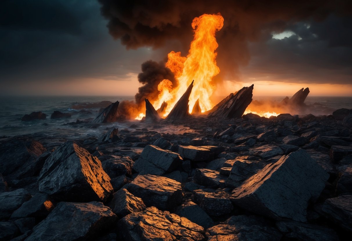 A fiery abyss with swirling smoke and jagged rocks, evoking a sense of eternal punishment and despair