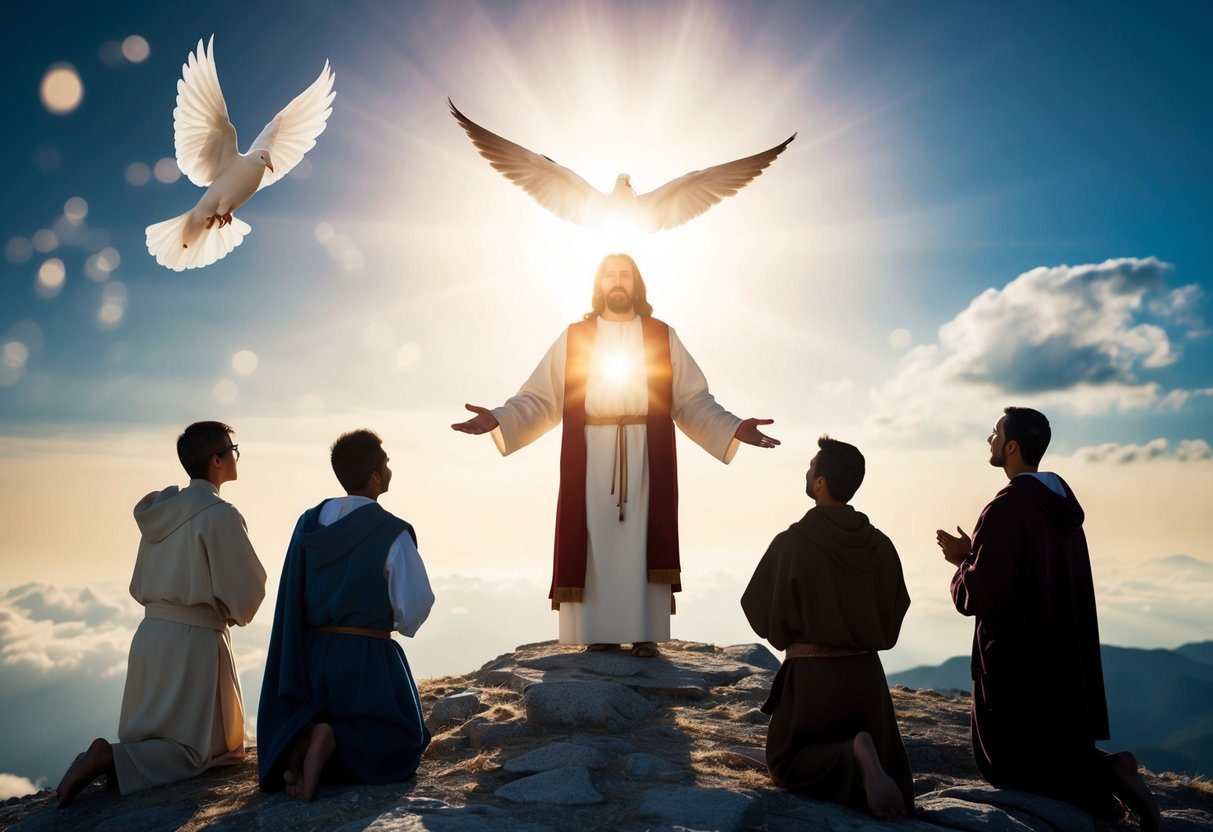A radiant figure stands on a mountain, surrounded by disciples. A dove hovers above, and a voice from the sky speaks