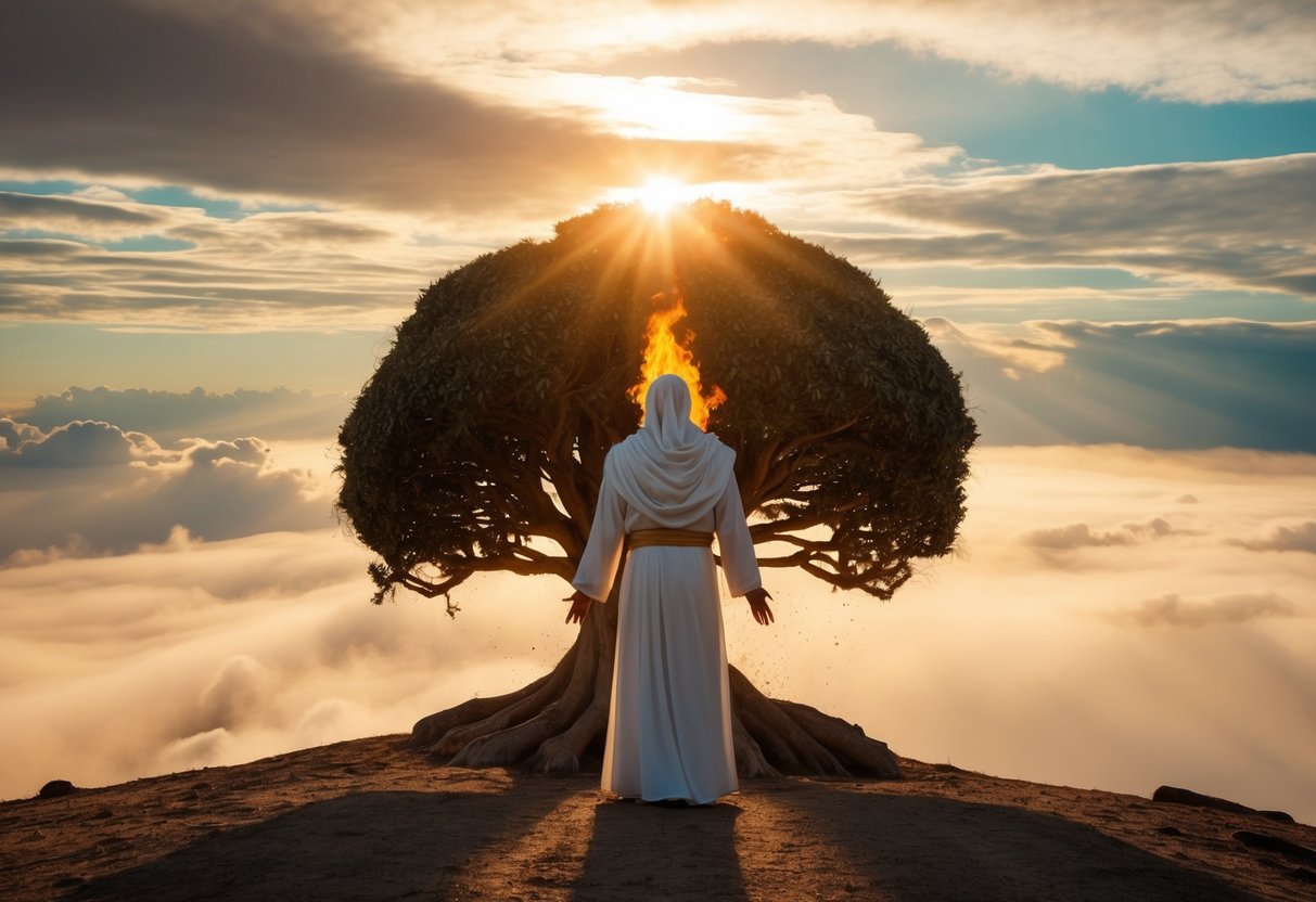 A radiant figure stands before a burning bush, surrounded by swirling clouds and rays of light, emanating a sense of divine presence and power