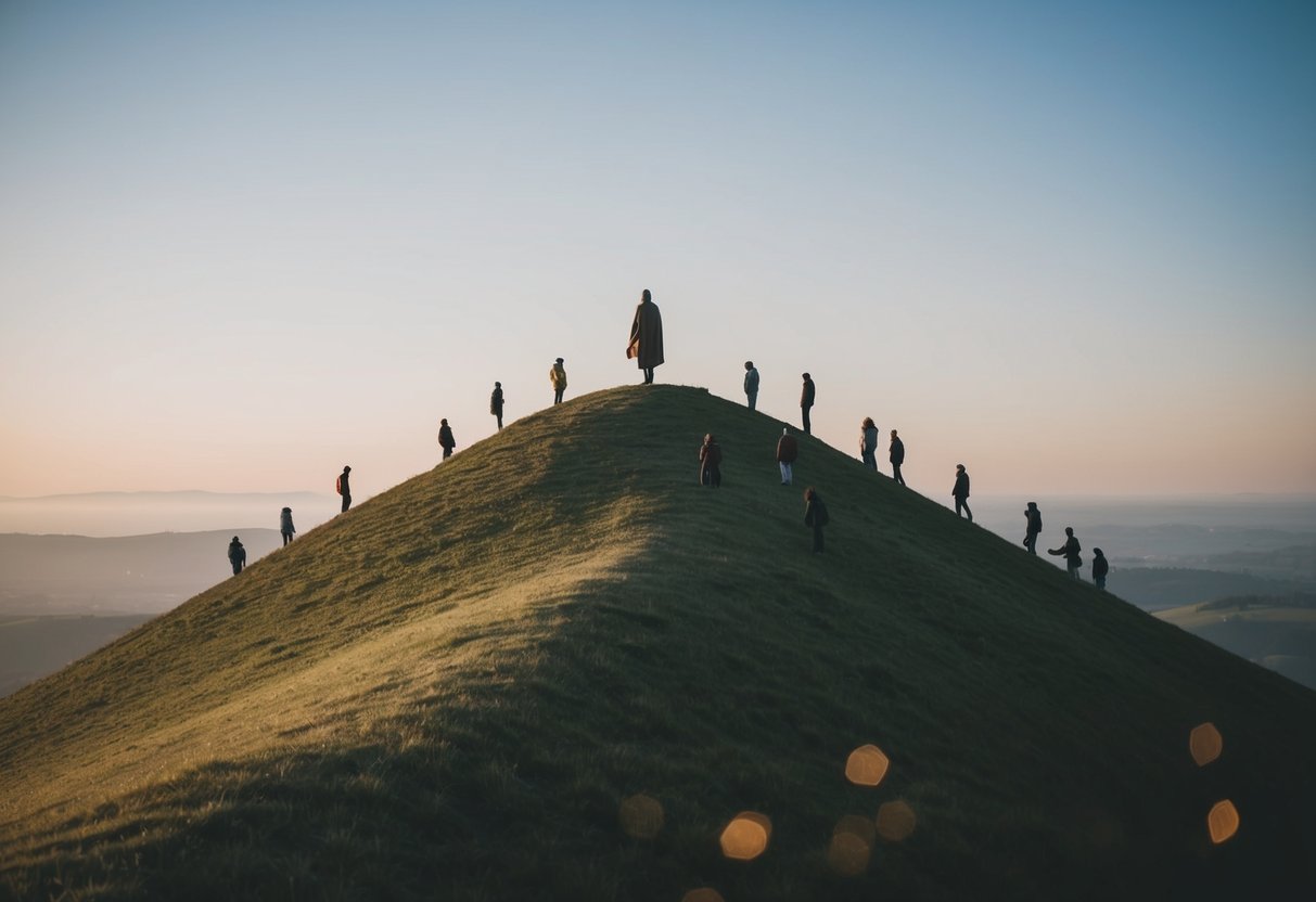 A serene landscape with a figure atop a hill, surrounded by followers