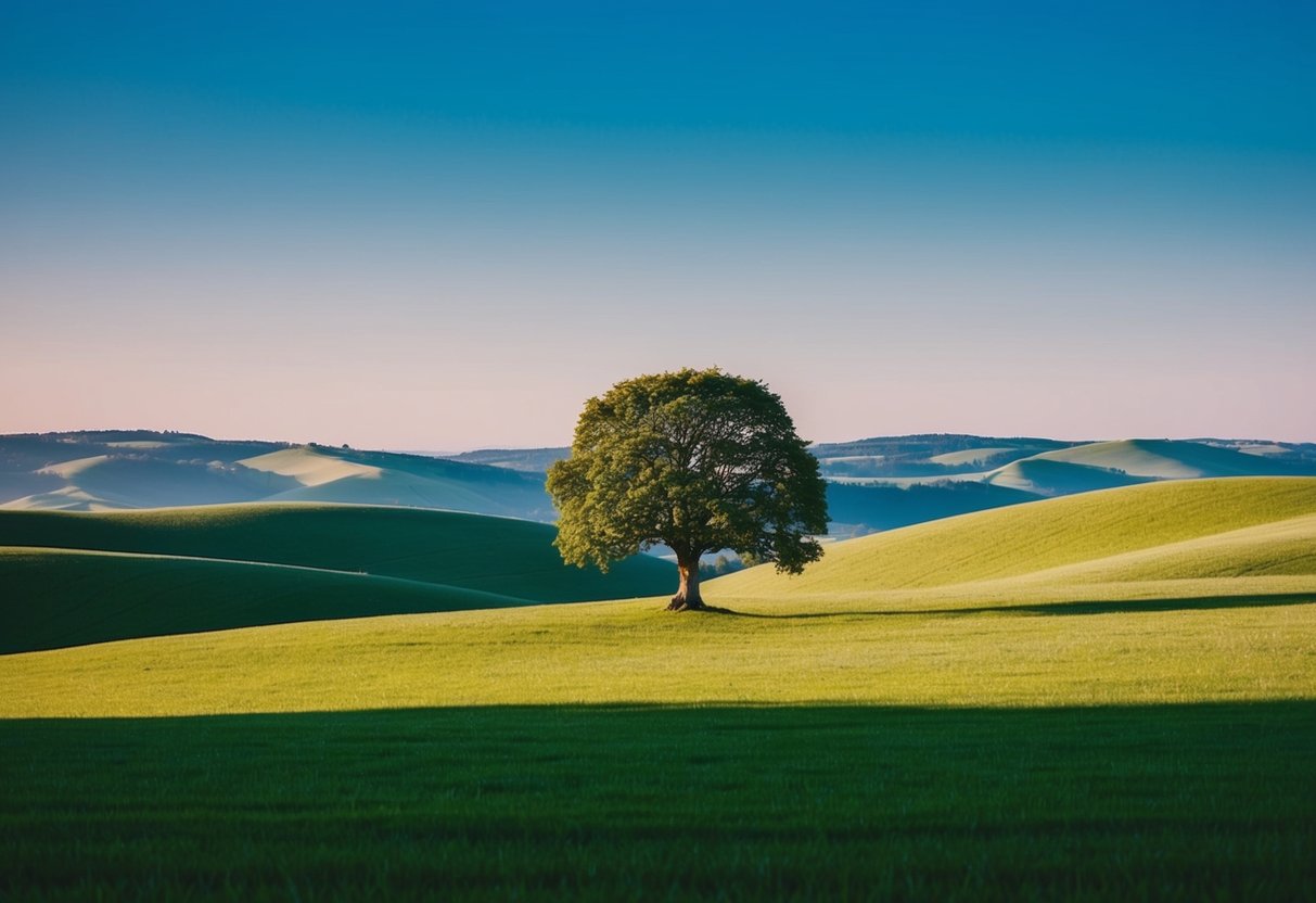 A serene landscape with a clear blue sky and rolling hills, with a single tree in the center, symbolizing the teachings of Jesus