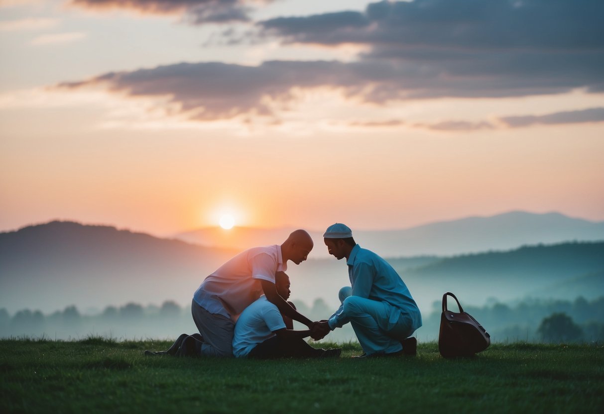 A serene landscape with a figure helping others, showing love and compassion