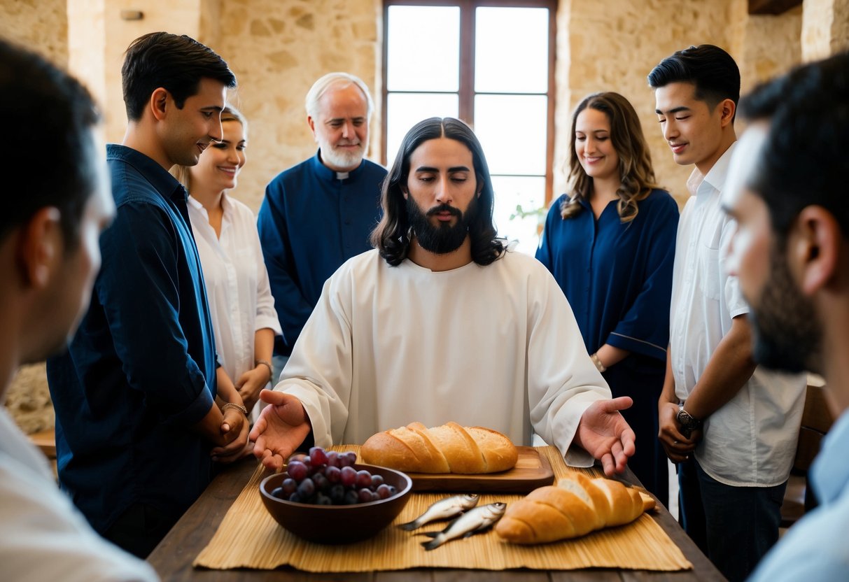 Jesus sits at a simple wooden table, surrounded by a group of people. A loaf of bread, a few fish, and a bowl of grapes are spread out in front of him