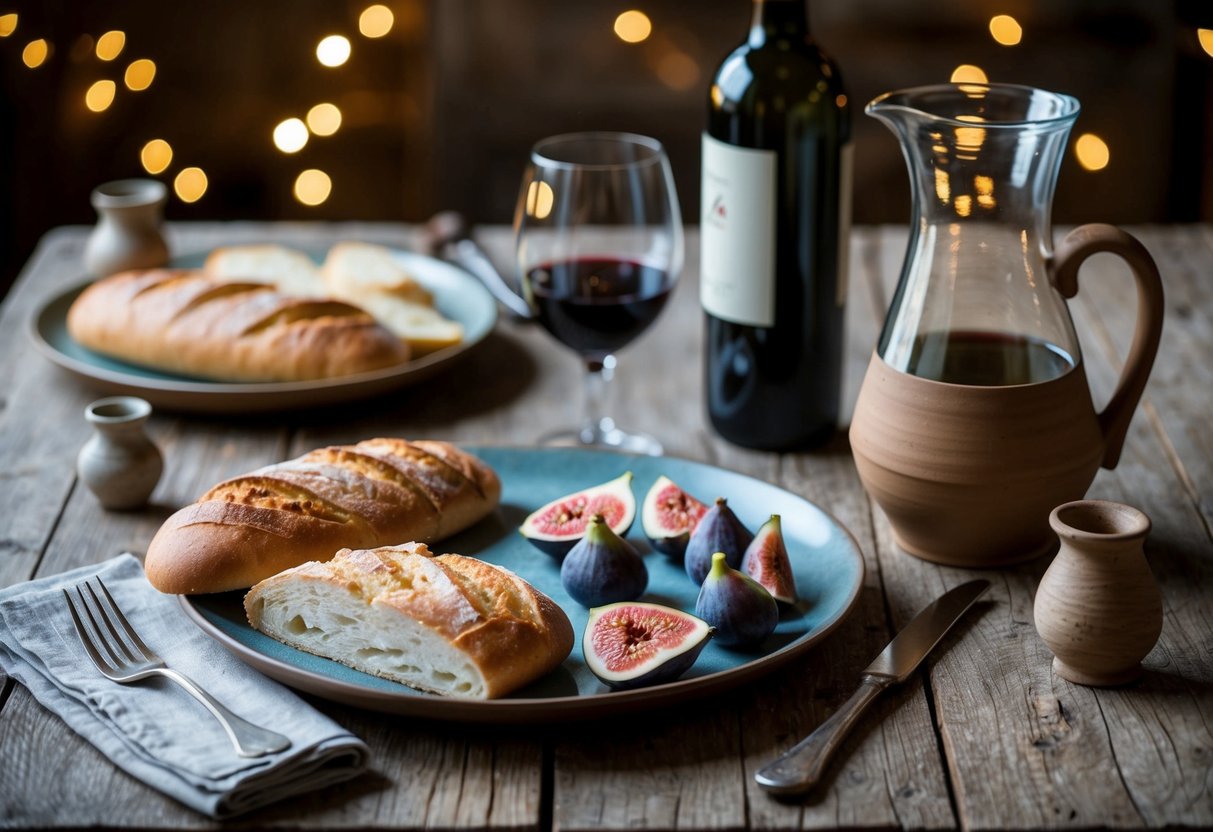 A rustic table set with bread, fish, and figs, surrounded by simple pottery and a pitcher of wine