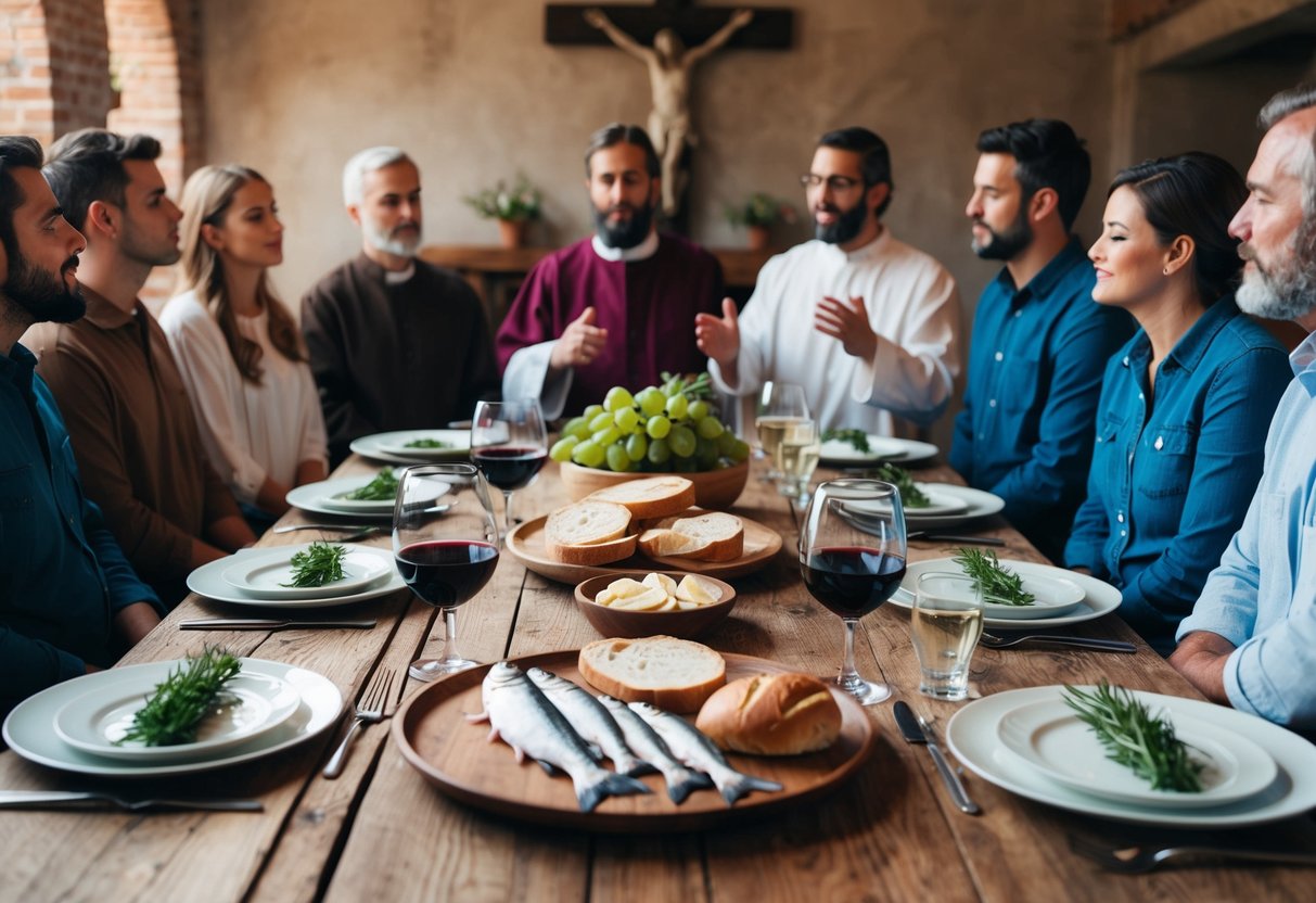 A rustic table set with bread, fish, and wine, surrounded by a group of people listening to Jesus speak