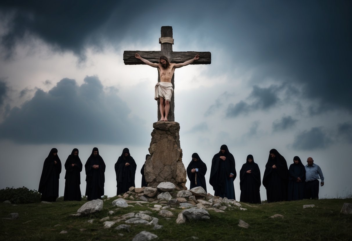 A solitary figure on a rugged cross, surrounded by mournful onlookers, with a darkened sky and a sense of solemnity
