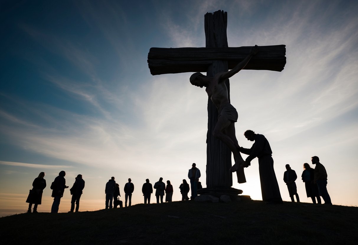 A rugged cross stands on a hill, silhouetted against a darkened sky. A figure is nailed to the cross, head bowed, surrounded by onlookers