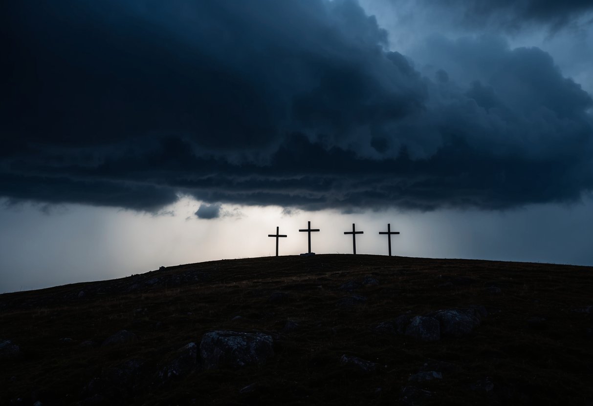 A dark and stormy sky looms over a rugged hill, where three crosses stand silhouetted against the horizon