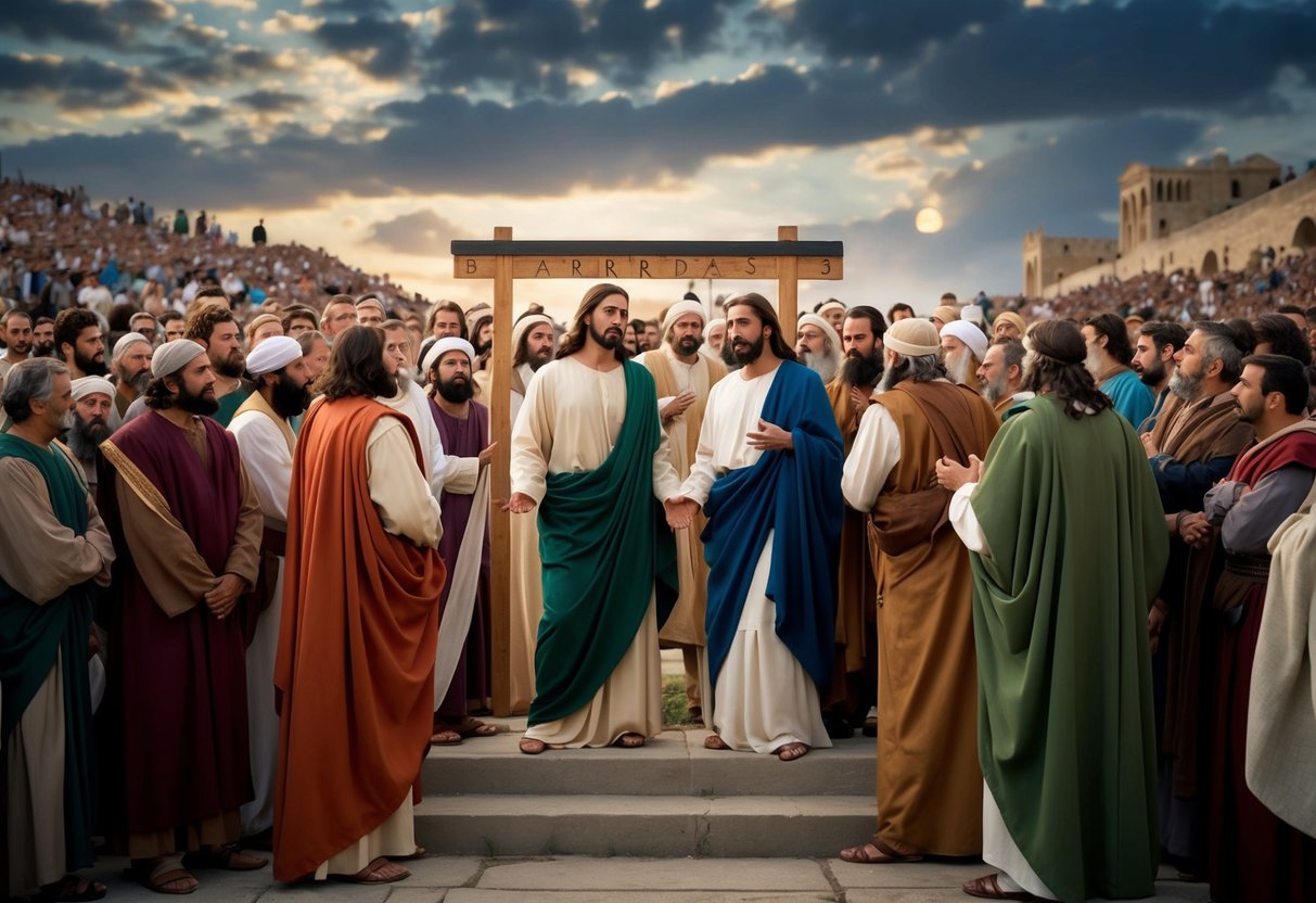 A crowd gathers, torn between Jesus and Barabbas, as the two figures stand before a ruler