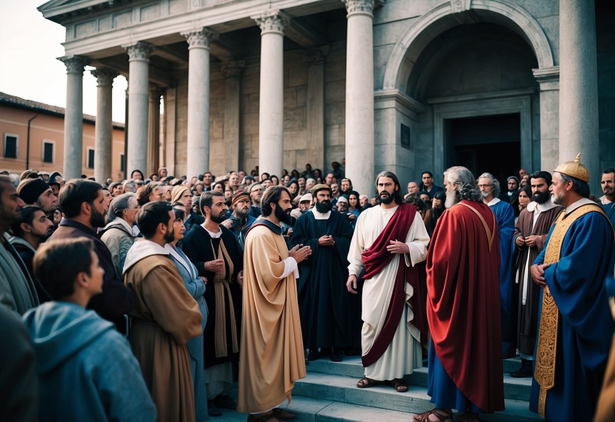 A crowd gathers outside a Roman court, with Jesus and Barabbas standing before a judge. The atmosphere is tense as the crowd awaits the decision