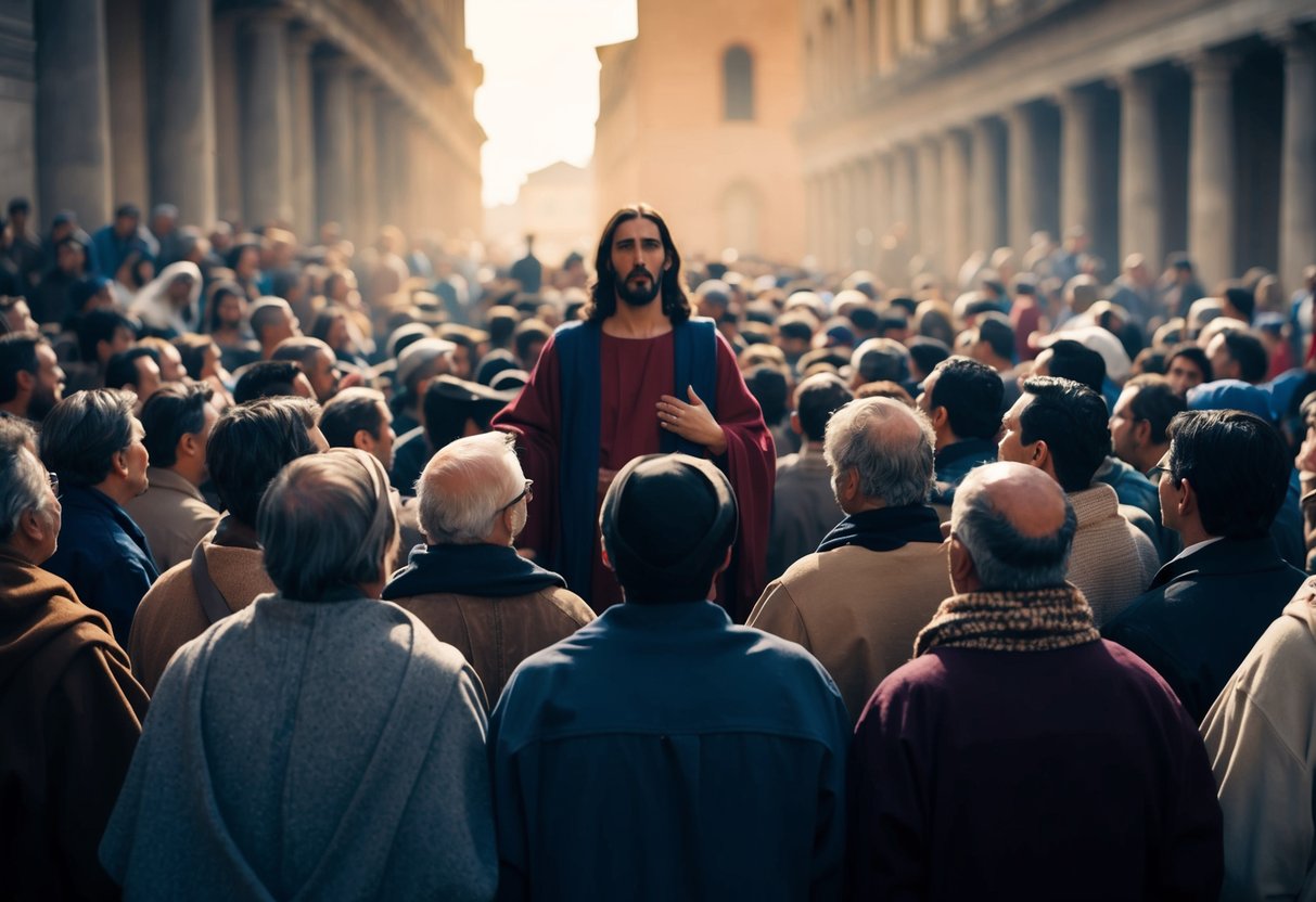 A crowd divided, facing two figures: Jesus and Barabbas. Tension and anticipation fill the air as the people weigh their options
