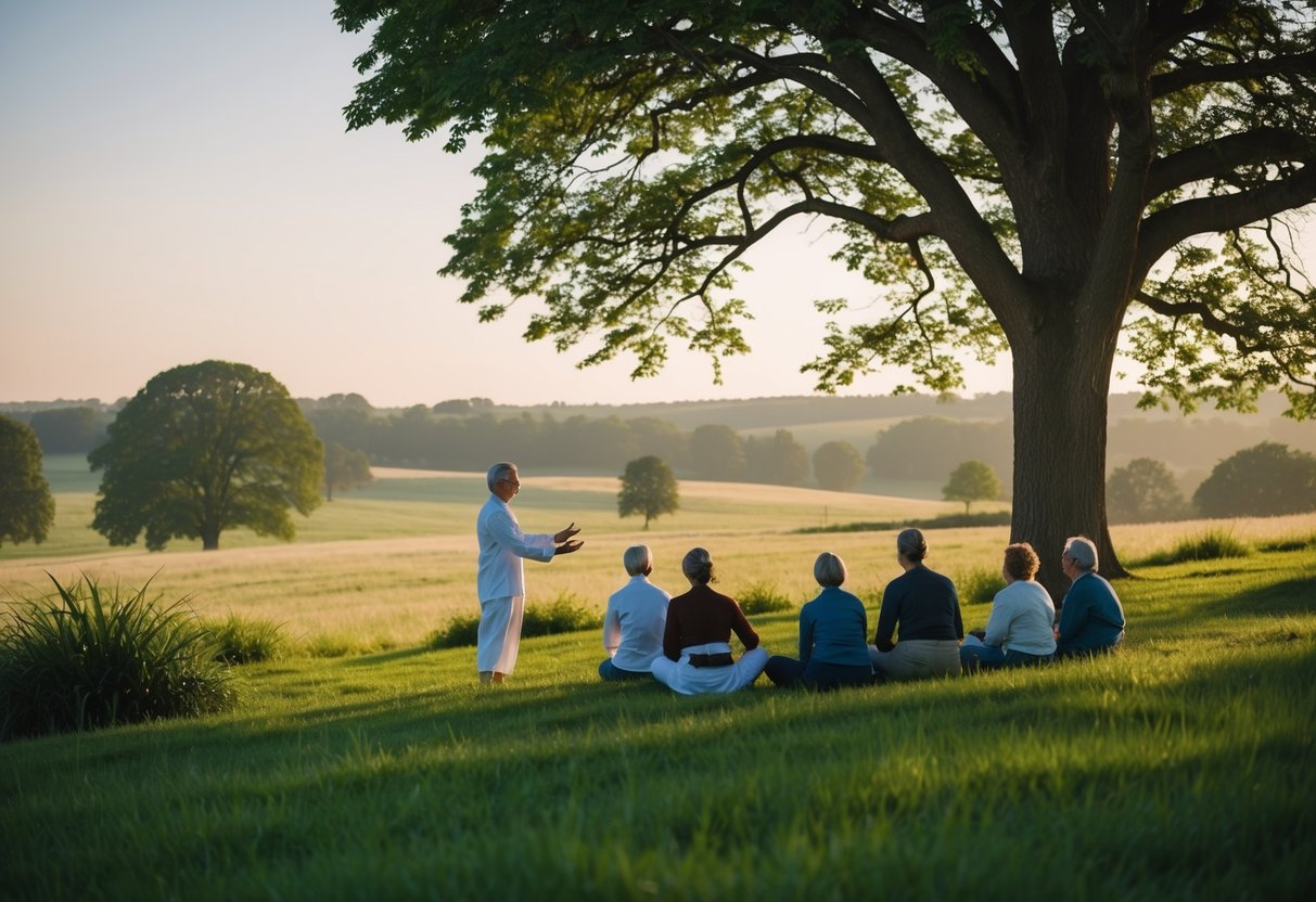 A serene countryside with a figure teaching to a group under a large tree. The landscape is peaceful and the atmosphere is contemplative