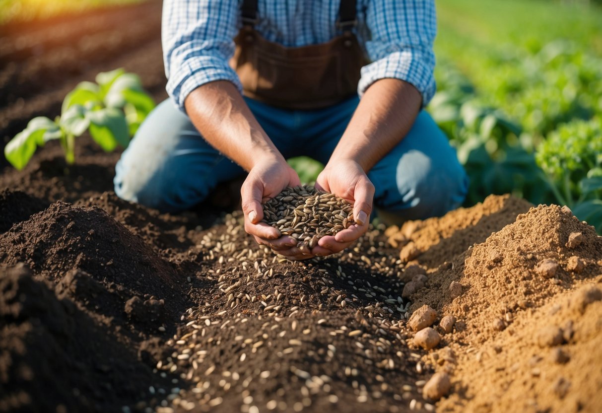 A farmer sowing seeds on different types of soil