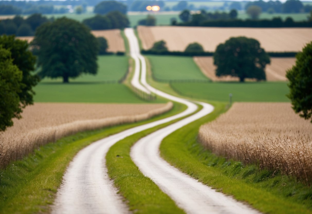 A serene countryside with a winding path leading to a distant light, surrounded by fields and trees