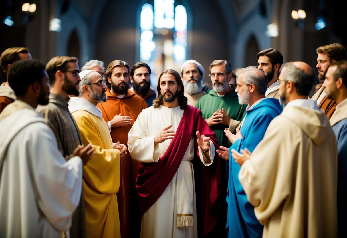 A group of 12 figures gathered around Jesus, listening intently as he speaks