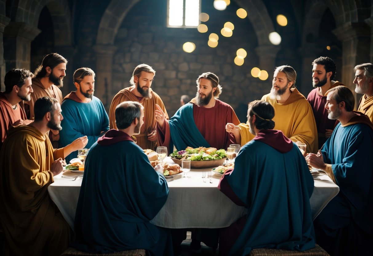 The 12 apostles gathered around a table, sharing a meal and discussing their mission in early Christianity