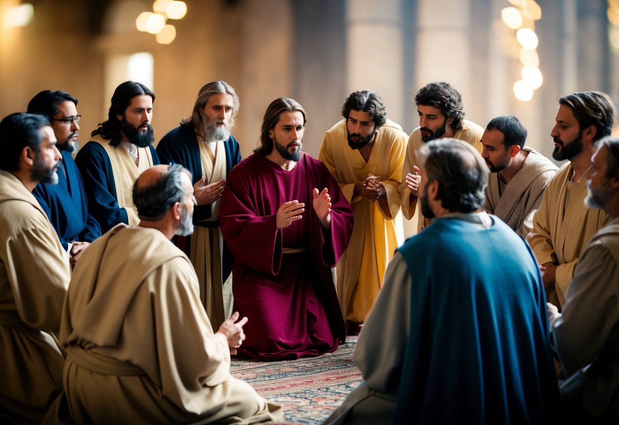 The 12 disciples of Jesus gather around him, listening intently as he imparts his teachings and wisdom