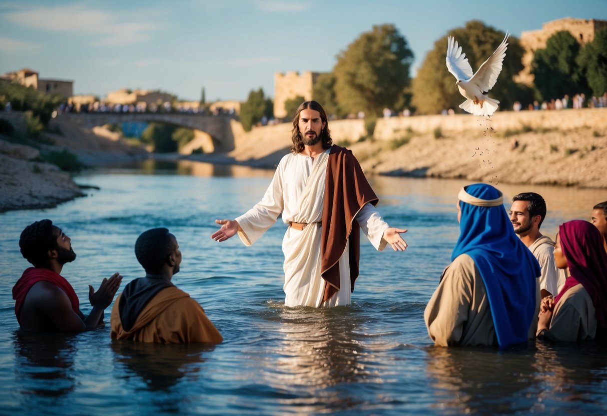 Jesus standing in the Jordan River, surrounded by onlookers and John the Baptist, as a dove descends from the sky