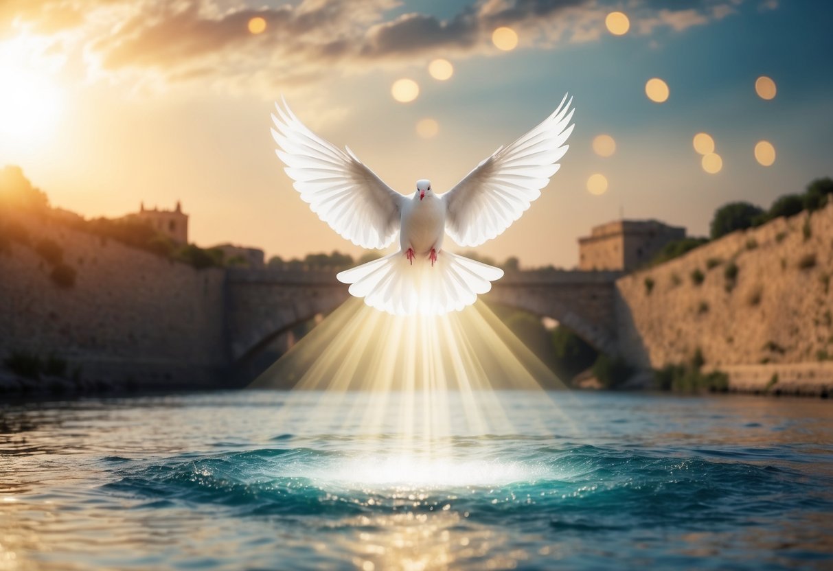 A dove descends from heaven as light shines on Jesus in the Jordan River