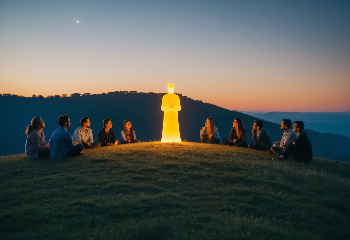 A serene landscape with a glowing figure standing on a hill, surrounded by a group of people listening intently