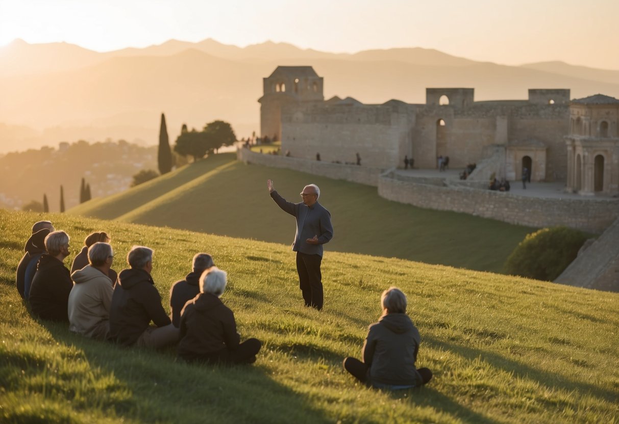 A serene, sunlit hillside with a figure teaching a crowd, surrounded by ancient stone buildings and distant mountains