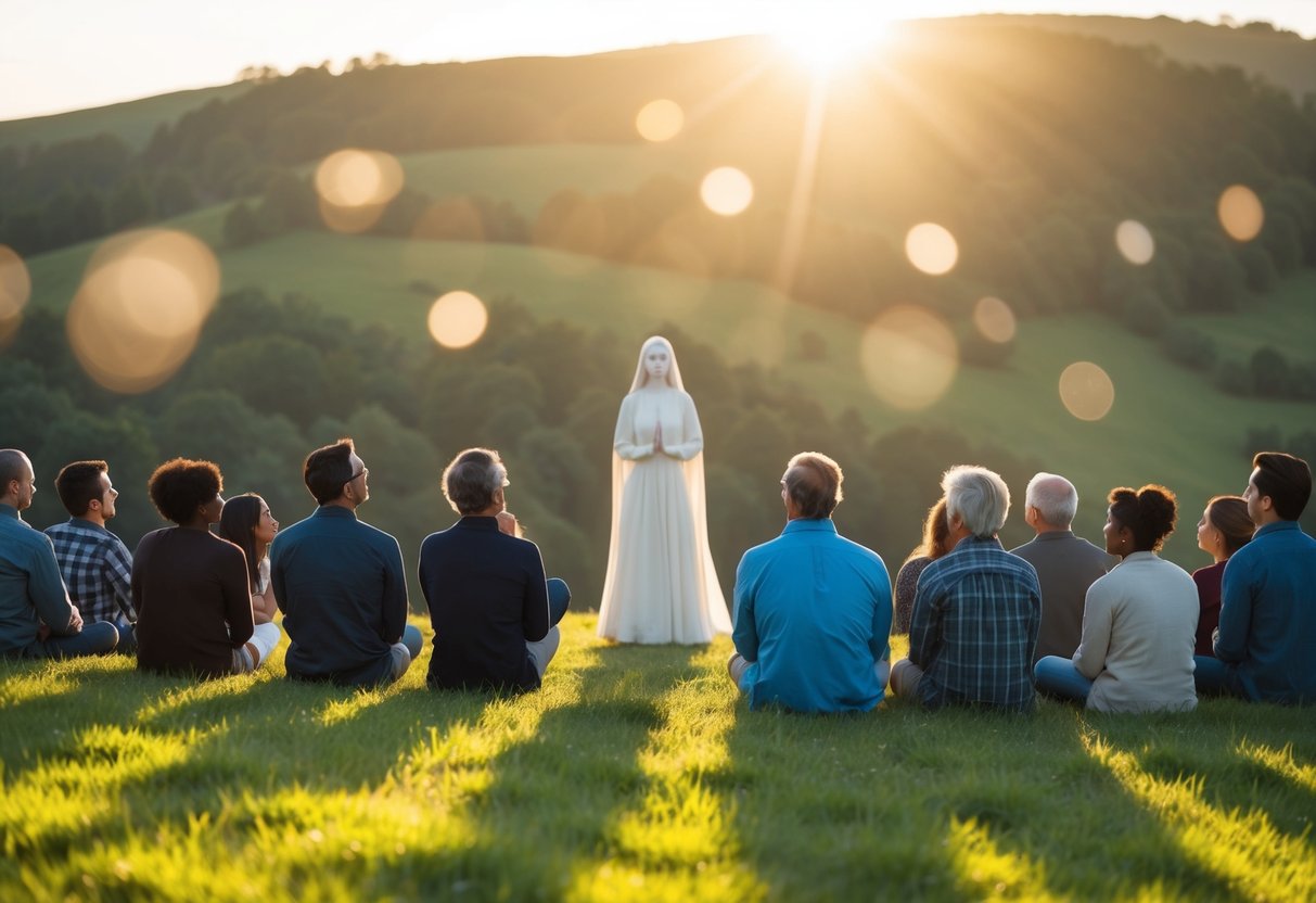 A serene, sunlit hillside with a figure at the center, surrounded by a diverse group of people listening intently