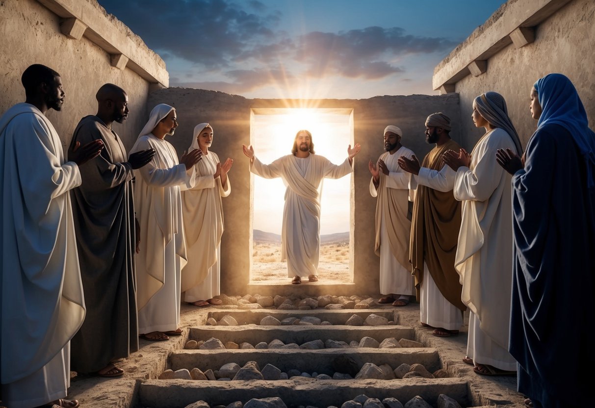 A radiant figure emerges from an empty tomb, surrounded by awe-struck witnesses and the first light of dawn