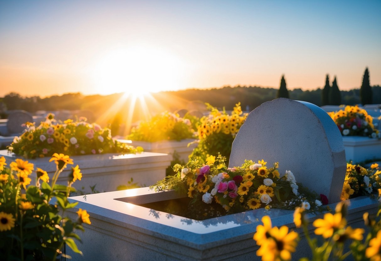 A bright sunrise over a tomb with a stone rolled away, surrounded by flowers and a sense of peace