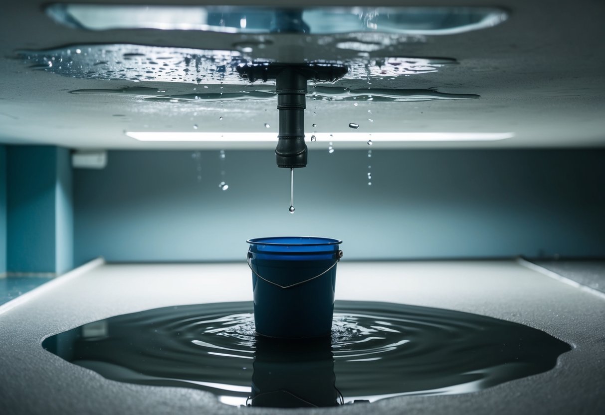 A puddle forms under a dripping pipe, a bucket placed to catch the water. A damp patch spreads across a ceiling, with water droplets seeping through