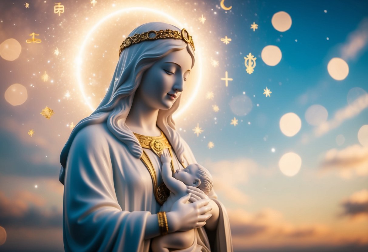 A serene figure surrounded by celestial light and adorned with symbols of motherhood