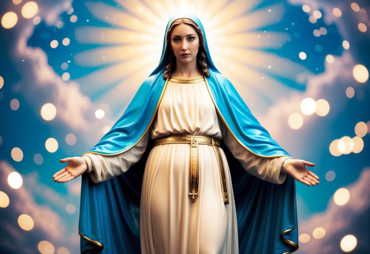 A radiant figure surrounded by celestial light, symbolizing the spiritual significance of Jesus' mother in Christian theology