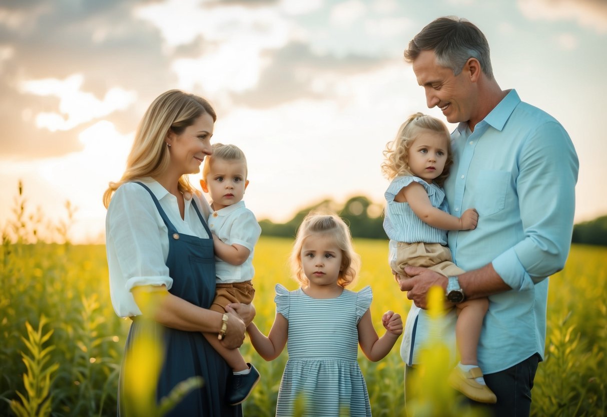 A serene family scene with a mother, father, and child