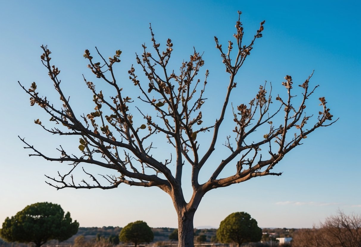 A barren fig tree with withered leaves and fruitless branches under a clear blue sky
