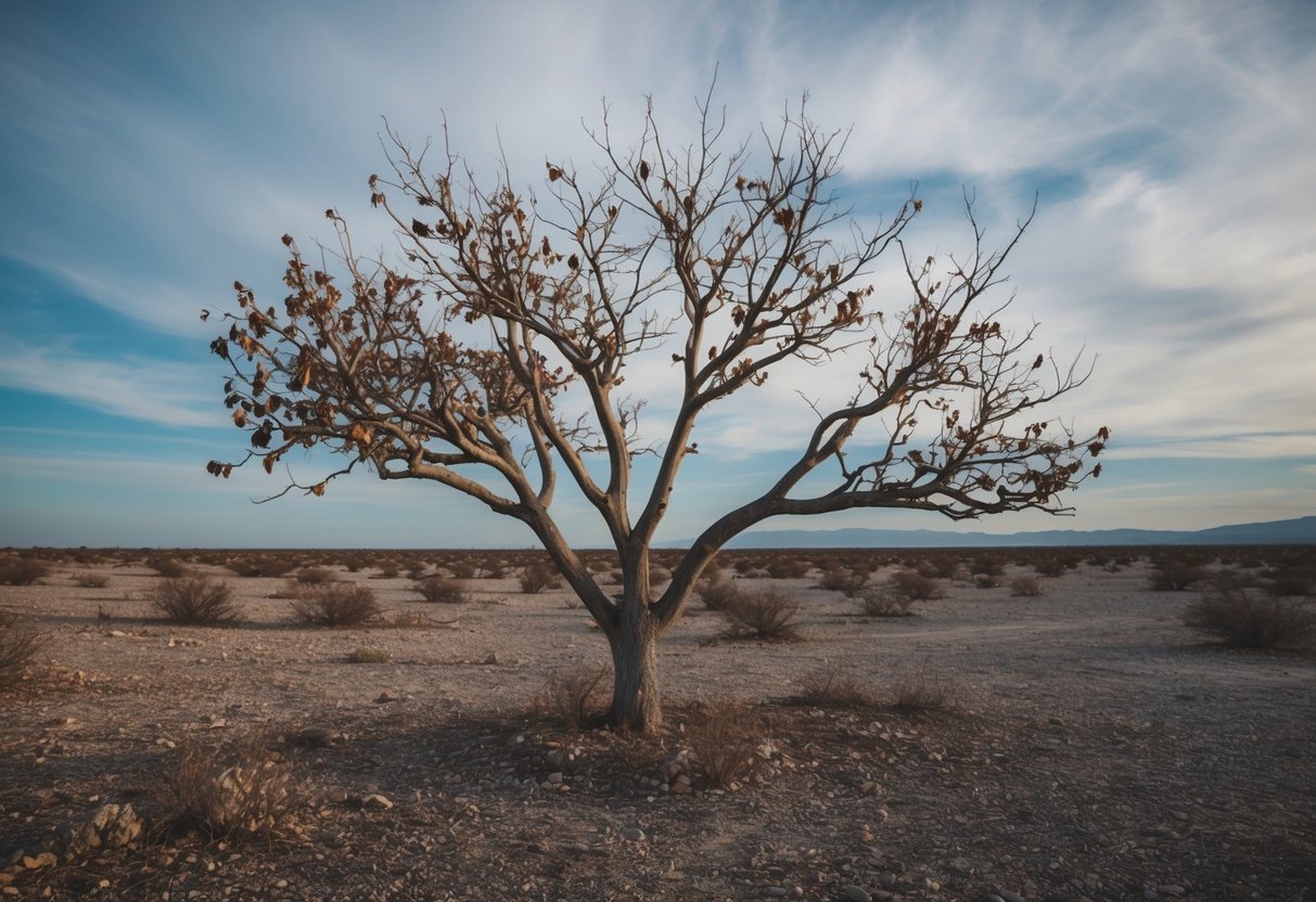 A barren fig tree with withered leaves, surrounded by a desolate landscape