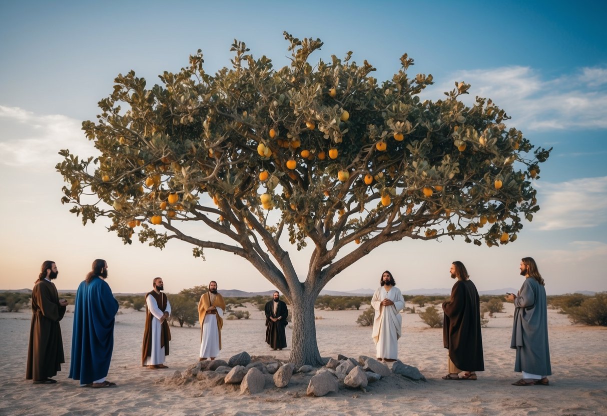A barren fig tree with withered leaves and fruit, surrounded by disciples and Jesus in a desert landscape