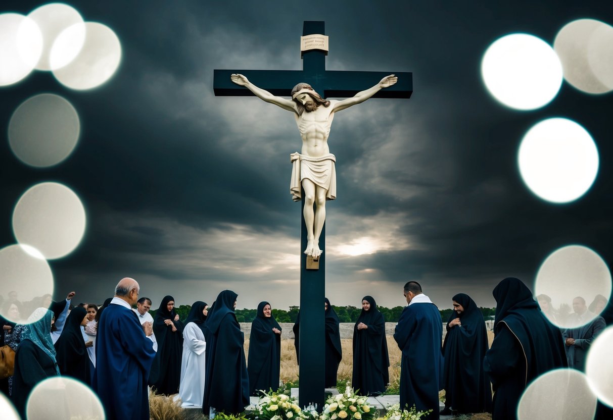 A figure on a cross, surrounded by mourners, with a dark sky and a sense of sacrifice